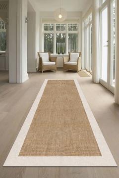 Dijital Baskılı Kaymaz Taban Makinede Yıkanabilir Jüt Hasır Halı Görünümlü Krem Çizgili Halı-7024