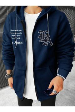 Lacivert Erkek Bol Kesim Los Angeles Baskılı Bağcıklı Kapşonlu Polar Sweatshirt
