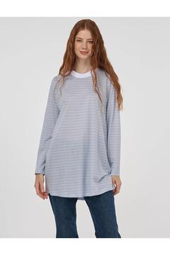 Çizgi Desen Örme Sweatshirt Açık Mavi