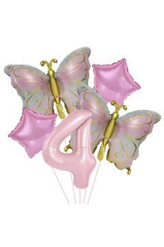 Gold Kelebekli Pembe 4 Yaş Rakam Balon Set