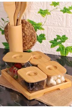 Bambum Krosna - Plus 9 Parça Bambu Kapaklı Cam Kahvaltı Seti Tepsili