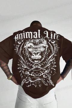 Erkek Kahverengi Animal Life Baskılı Oversize Salaş T-Shirt