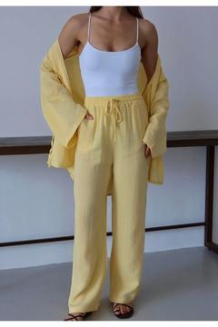 Kadın Beli Büzgülü Yüksek Bel Keten Görünümlü Palazzo Pantolon