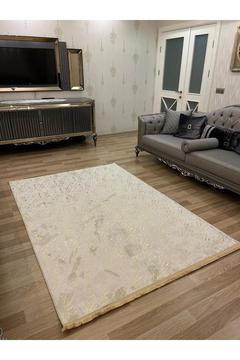 Bambu Simli Kaymaz Tabanlı Dekoratif Salon Mutfak Ve Yolluk Halısı Krem Gold