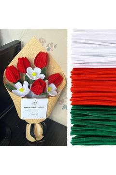 75 Adet Kırmızı, Beyaz, Koyu Yeşil Renkli Şönil , Çiçek Yapım Seti, Tüylü Tel, 30 Cm, Peluş Tel