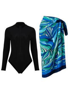 Siyah Uzun Kollu Fermuarlı Likralı Yüzücü Mayo Deniz Mavi Pareo 2 Li Set
