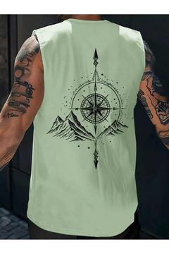 Erkek Pusula Dağ Baskılı Oversize Kolsuz T-shirt