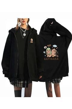 Capybara Baskılı Oversize Fermuarlı Siyah Unisex Kapüşonlu Hırka