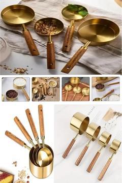 4 Adet Büyük Boy Paslanmaz Çelik Ahşap Saplı Ölçü Kaşığı Seti Ölçü Kabı 60ml 80ml 125ml 250ml