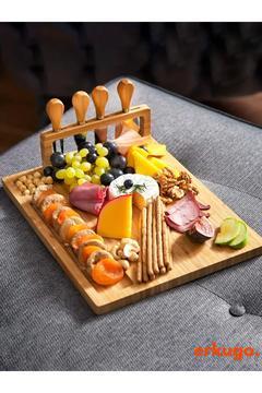 5 Parça Bambu Peynir Sunum Tahtası ve Çatal- Spatula-Mini Spatula- Bıçak Seti, Peynir Kesim Panosu