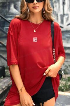 Kadın Kırmızı Free Life Bisiklet Yaka Oversize Salas T-Shirt