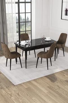 Wessa Serisi 80x132 Açılabilir MDf SiyahMermer Desen Masa Takımı 4 Kahve Sandalye