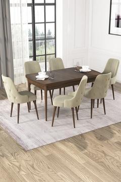 Wessa Serisi 80x132 Açılabilir MDF Barok Ahşap Desen Masa Takımı 6 Krem Sandalye