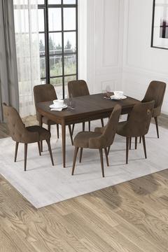 Wessa Serisi 80x132 Açılabilir MDF Barok Ahşap Desen Masa Takımı 6 Kahve Sandalye