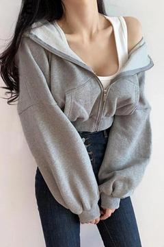 Streetwear Fermuarlı Uzun Kollu Beyaz Crop Hırka