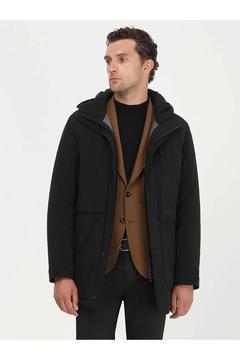Siyah Regular Fit Kapüşonlu Casual Dokuma Kaban