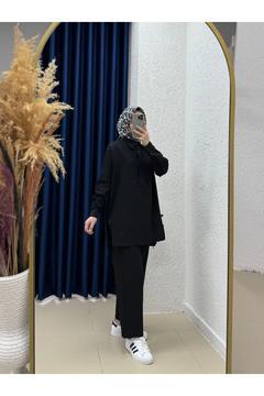 Glarus Yanları İpli Düğmeli Kırışık Çilek Takım-MF458 Siyah