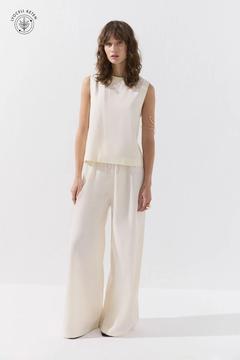 Lyocell Keten Dökümlü Lastikli Ekru Pantolon