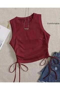 Bisiklet Yaka Drapeli Askılı Crop Tişört -Yandan İp Büzgülü
