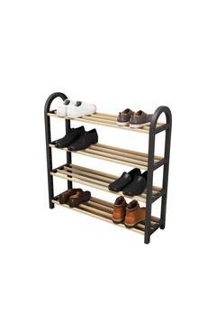 Siyah Ahşap Çubuklu 4 Katlı Masif Ayakkabılık