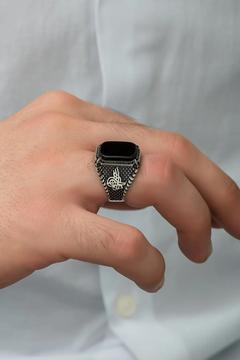 925 Ayar Gümüş Osmanlı Tuğralı Oniks Taşlı Erkek Yüzük