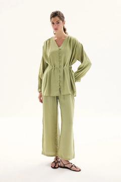 Modal Birit Düğme Detaylı Haki Pantolon Takım