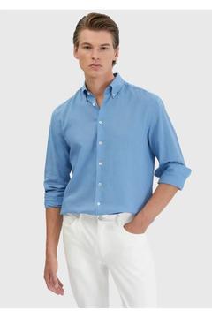 Mavi Düz Casual Fit Dokuma Casual Pamuk Karışımlı Gömlek