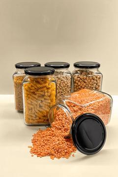 5'li 1000 ml Kapaklı Köşeli Cam Kavanoz - Siyah Kapaklı