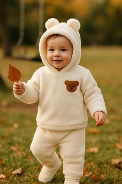 Bebek Peluş Ayı Kulaklı Kapüşonlu 2'li Takım - Kışlık Polar Sweatshirt ve Alt Pantolon