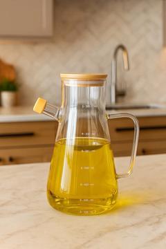 Cam Yağdanlık — Bambu Kapaklı, Ölçekli, Silikon Tıpalı