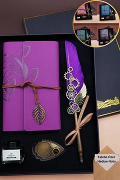 Şık ve Göz Alıcı Hediyelik Mürekkepli Kuş Tüylü Divit Kalem | Deri Defter Seti