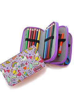 Mor Unicorn-flamingo Kawai Organizer Kalemkutu Kalem Kutusu Vegan Deri Üç Bölmeli Kalemlik -mor