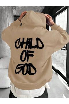 Erkek Bej Child Of God Baskılı Oversize 3 İplik Hoodie Sweatshirt