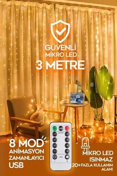 Ledli 10 Sarkıt 300 Cm Perde Led Işık, 8 Modlu Uzaktan Kumandalı, 3x3 Metre Peri Telli Led