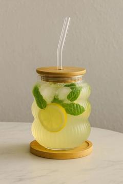 Bambu Kapaklı Pipetli Borosilikat Sunum Bardağı, Kahve Bardağı, Isı Dayanıklı Bardak (700 ml) Ripple