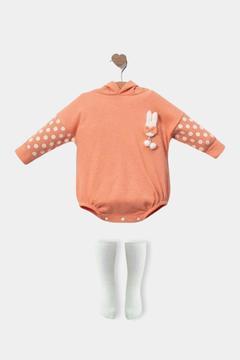 Kız Bebek Oversize Romper Kapüşonlu Tavşan Konsept Çoraplı Yenidoğan Tulum Set