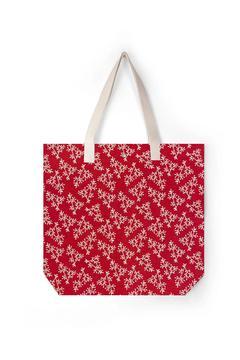 Kanvas Omuz Çantası-çevre Dostu - Kırmızı - Üzerine Beyaz Yaprak Desenli-WOLO