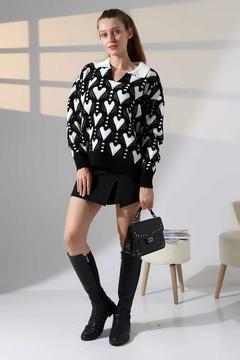 Polo V Yaka Uzun Kollu Kalpli Desenli Jakar Panelli Kışlık Şık Basic Kalın Triko Kazak