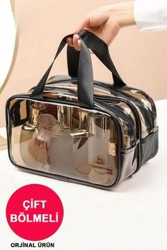 Şeffaf Çift Bölmeli Fileli Büyük Kadın Seyahat Kozmetik Bakım Plaj Makyaj Çantası Valiz Organizer