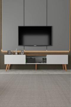 Siesta Modern TV Ünitesi Atlantik Çam | Beyaz | 2 Kapaklı | 1 Raflı | Ahşap Ayaklı 150 cm
