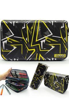 Kalem Kutusu Siyah Kamuflaj Geometrik Desen Organizer Kalemkutu Vegan Deri Üç Bölmeli Kalemlik