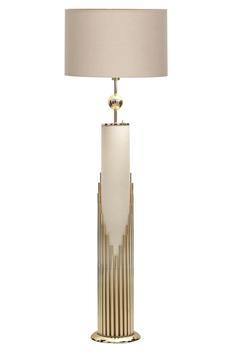 Doha Gold Kaplama Gövde Işıklı Özel Tasarım Metal Lambader - Gold Şeritli Krem