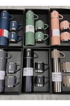 Vaccum Çelik Termos paslanmaz  Gri Renk 3 Bardaklı Termos Seti Vakumlu Termos Set