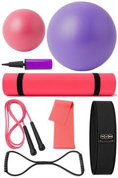Pilates & Spor Seti – 6mm Pilates Minderi, 55cm & 20cm Top, Atlama İpi, Lastikler ve Pompa