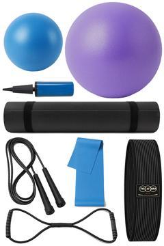 Pilates & Spor Seti – 6mm Pilates Minderi, 55cm & 20cm Top, Atlama İpi, Lastikler ve Pompa