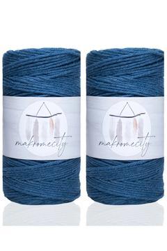 Premium 3 Büküm Pamuk Makrome Ipi 3mm Üç Büküm Taranan Makrome Halat Ip 500 gr (2X250 GRAM) Kot Mavi