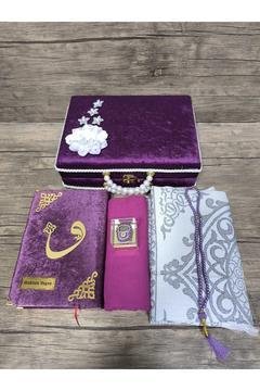 Boncuklu İncili Kutu Çeyizlik Şal Seccade Kuran Kadife Hediye Seti Orta Boy Mor