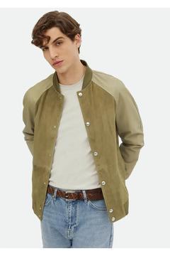 Haki Regular Fit Dik Yaka Casual Süet Deri Mont