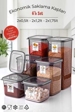 Etiketli 6'lı Antrasit Ekonomik Kırılmaz Saklama Kabı Seti 2x0,5/1,2/1,75 Lt.