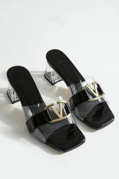 Siyah Rugan V Tokalı Kadın Ayakkabı Şeffaf Topuklu Terlik